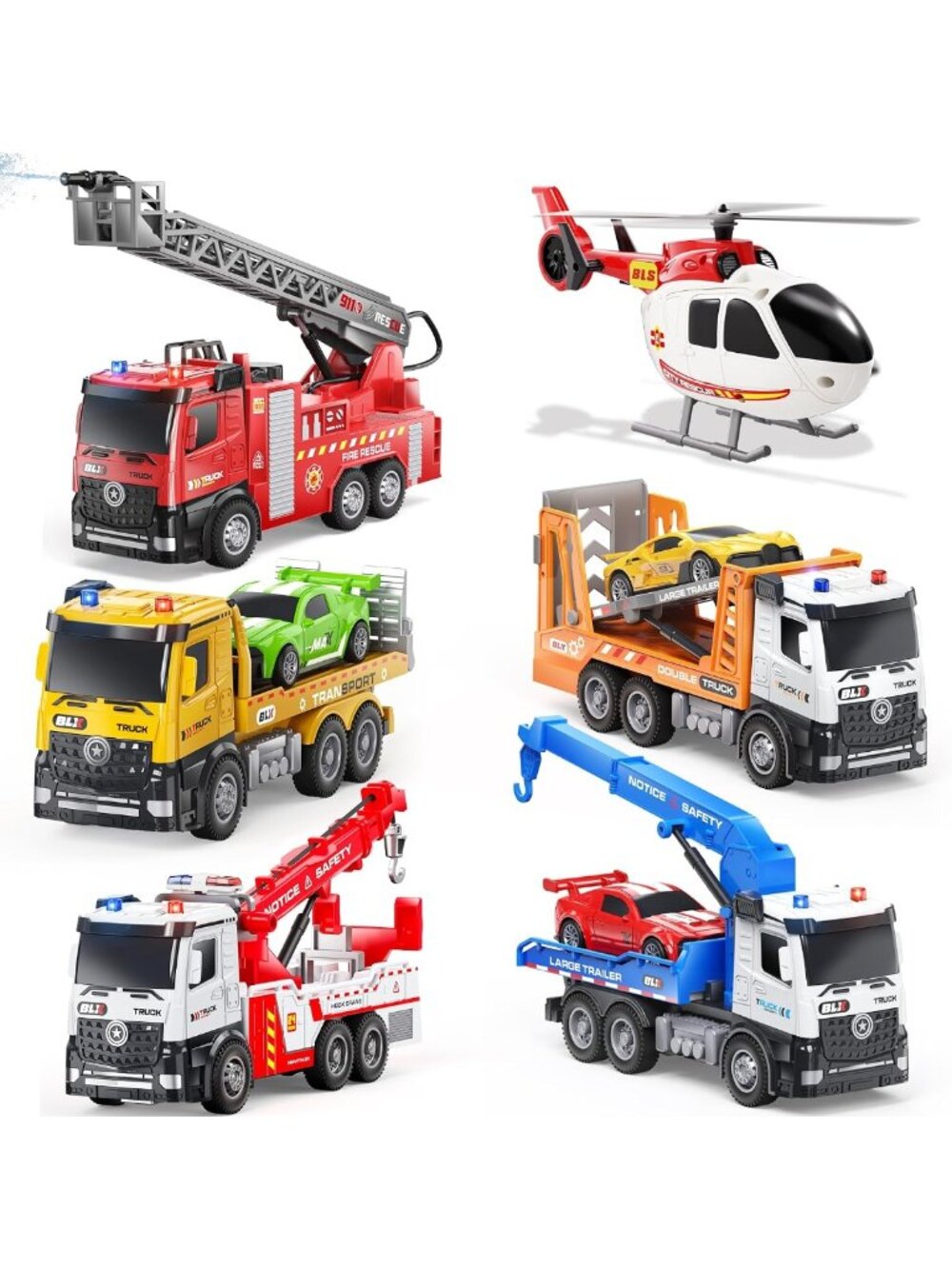 6 Pack Tow Truck Toy Set for Toddlers, Light & Sound Dump Crane Trucks, Gifts